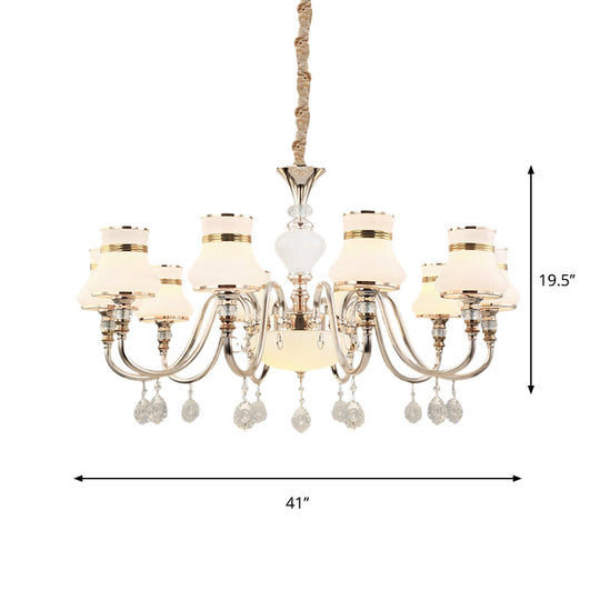 Modern Gold Frosted Glass Pendant Chandelier With Crystal Draping - 10-Light Flared Ceiling Lamp