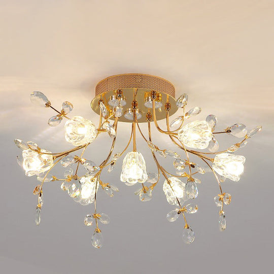 Contemporary Gold Crystal Flush Mount Lamp - 7-Head Bedroom Lighting