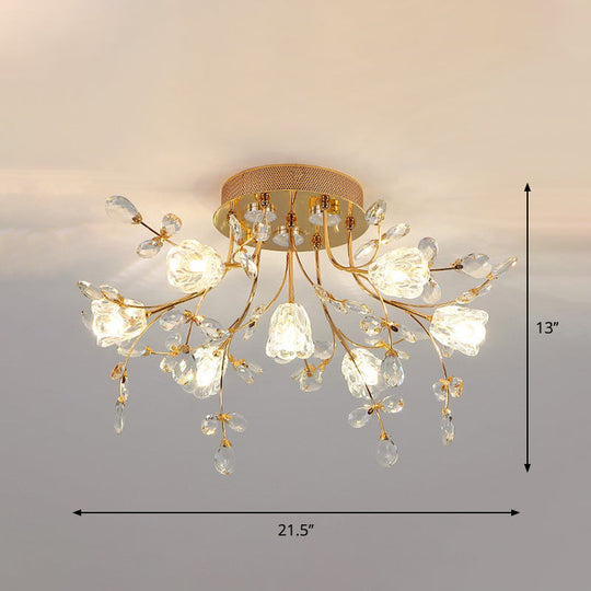 Contemporary Gold Crystal Flush Mount Lamp - 7-Head Bedroom Lighting