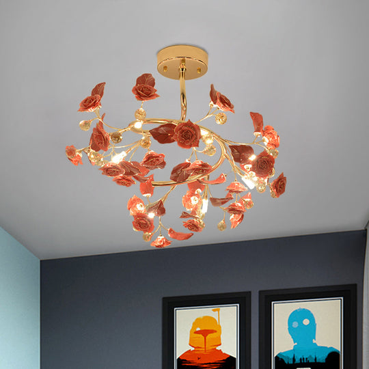 Contemporary K9 Crystal Red Semi Flush Light with Elegant Rose and Leaf Spiral Design and 7 Lights