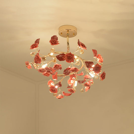 Contemporary K9 Crystal Red Semi Flush Light with Elegant Rose and Leaf Spiral Design and 7 Lights