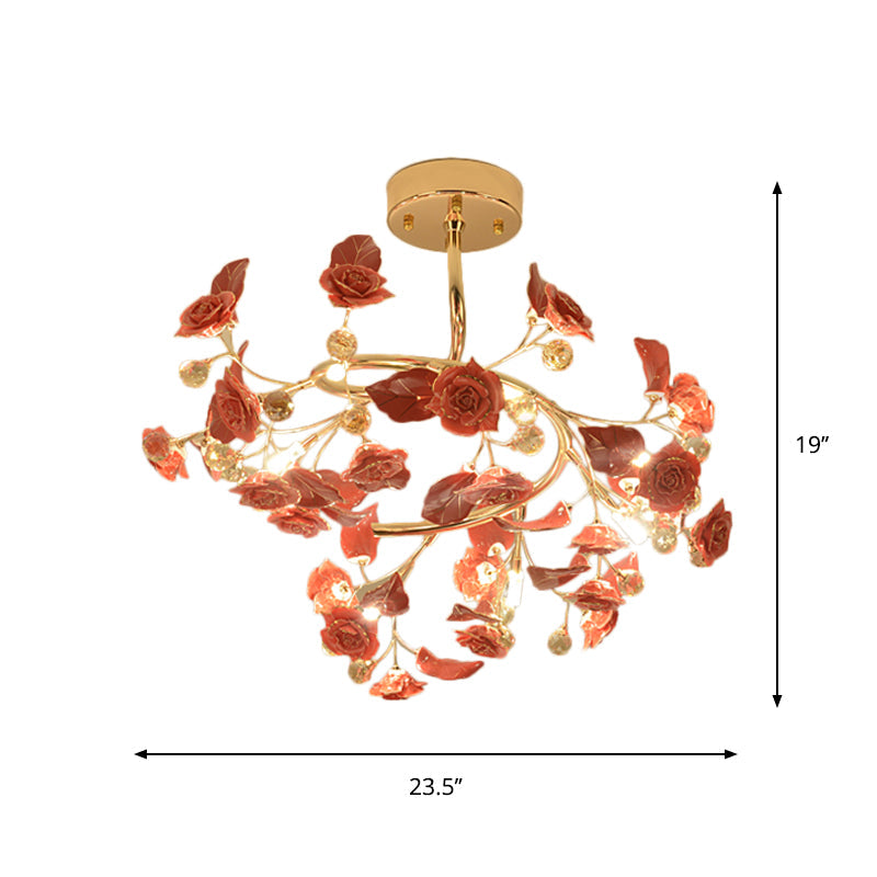 Contemporary K9 Crystal Red Semi Flush Light with Elegant Rose and Leaf Spiral Design and 7 Lights