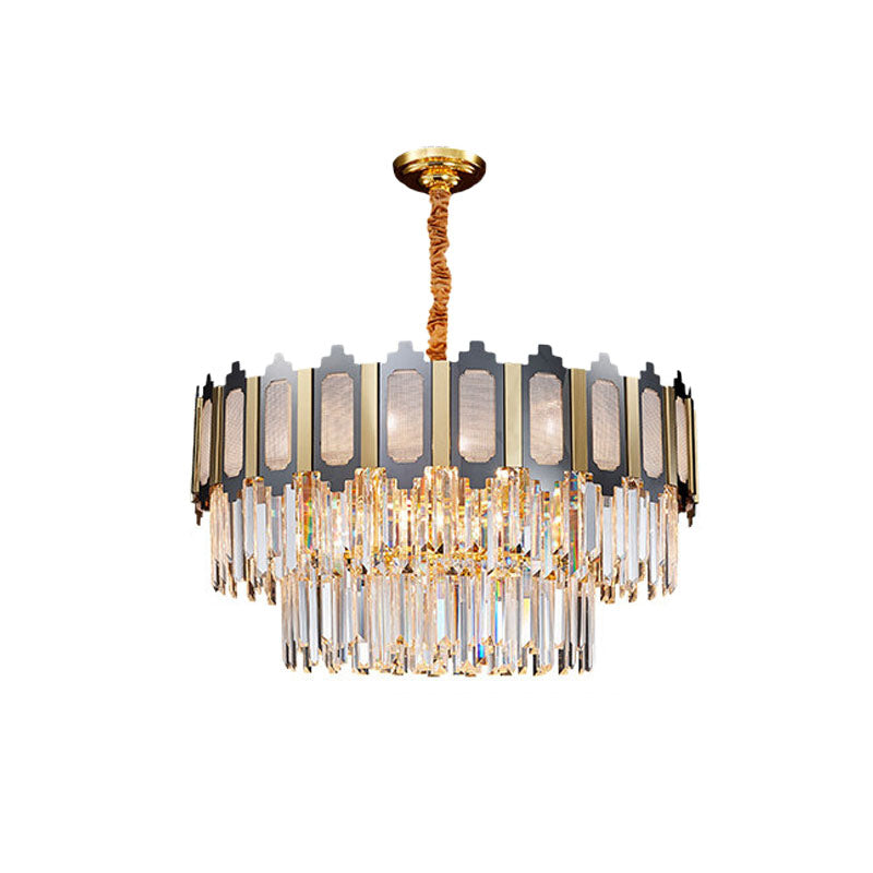 Modern Tiered Bedroom Chandelier Lamp With Clear Crystal 10 Heads Black & Gold Pendant