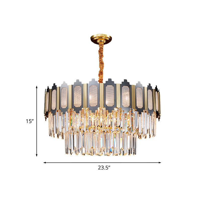 Modern Tiered Bedroom Chandelier Lamp With Clear Crystal 10 Heads Black & Gold Pendant