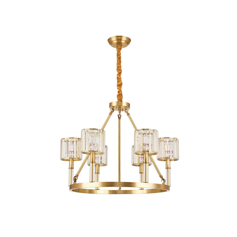 Modern Brass Cylinder Chandelier With 6 Crystal Suspension Lights - Perfect For Dining Rooms