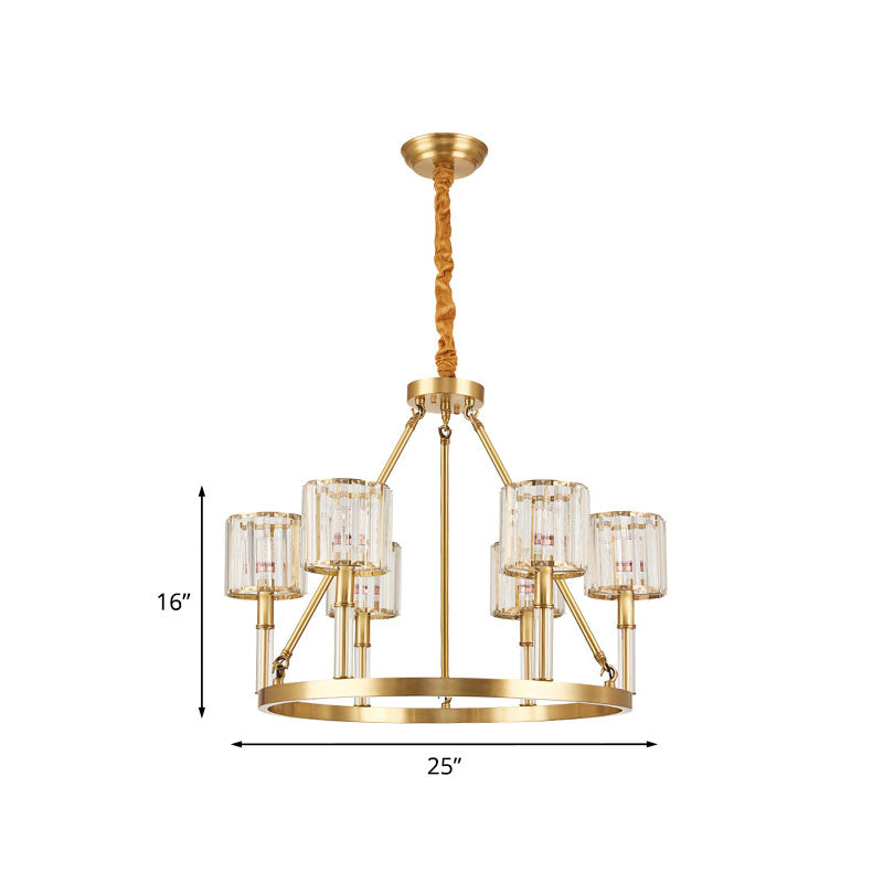 Modern Brass Cylinder Chandelier With 6 Crystal Suspension Lights - Perfect For Dining Rooms