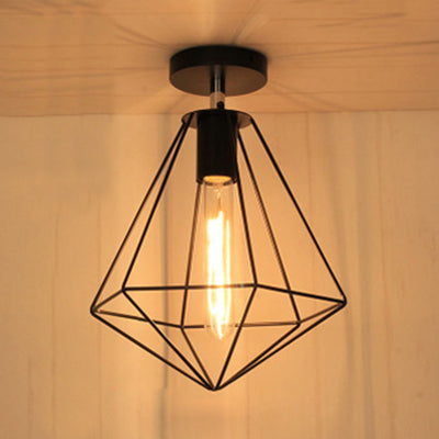 Retro Diamond Cage Ceiling Lamp - Metallic Semi Flush Mount Light for Kitchen in Black