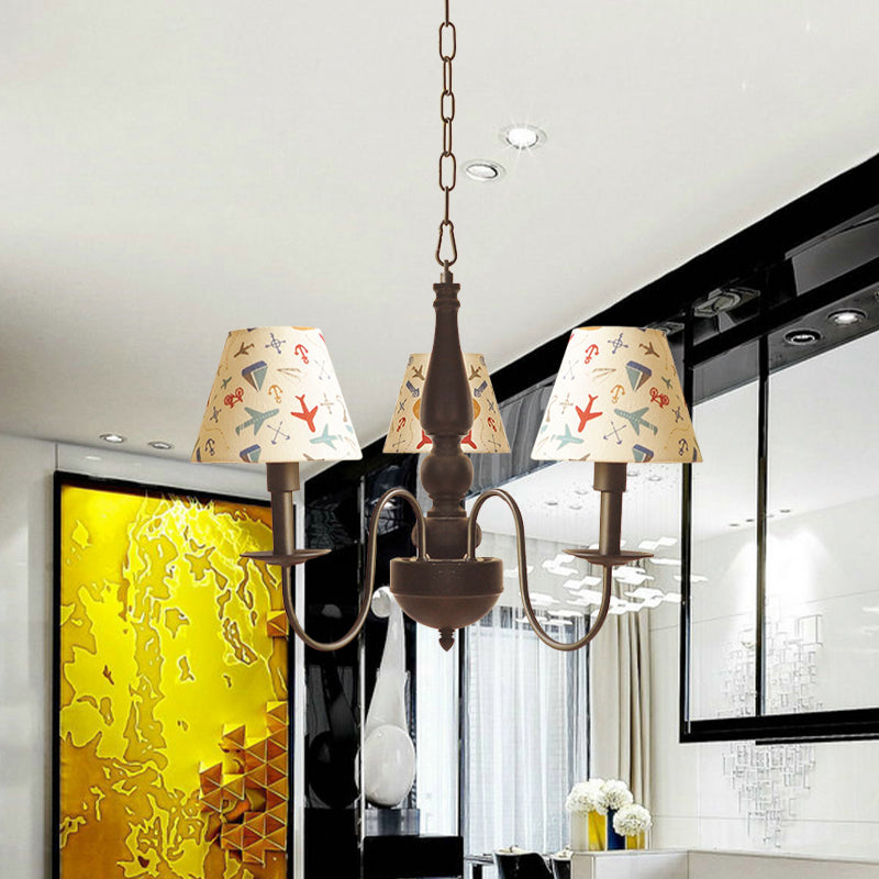 Sleek Kids Chandelier With Conic Printed Fabric Shade - Black Iron 3/5 Lights