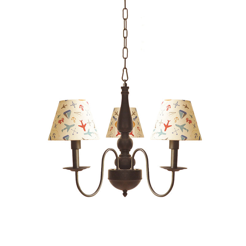 Sleek Kids Chandelier With Conic Printed Fabric Shade - Black Iron 3/5 Lights