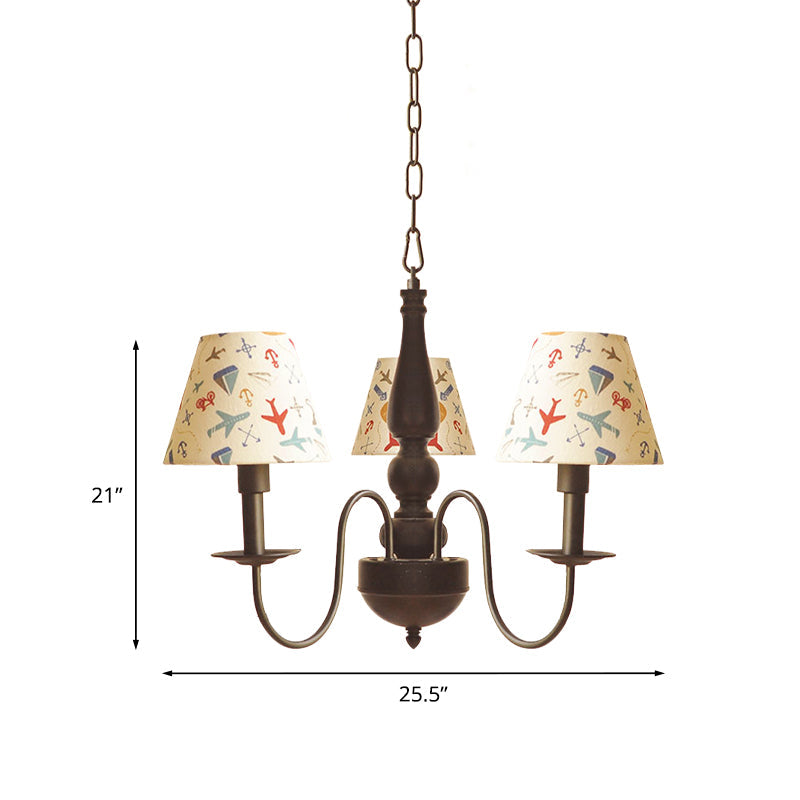 Sleek Kids Chandelier With Conic Printed Fabric Shade - Black Iron 3/5 Lights