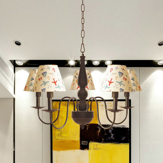 Sleek Kids Chandelier With Conic Printed Fabric Shade - Black Iron 3/5 Lights