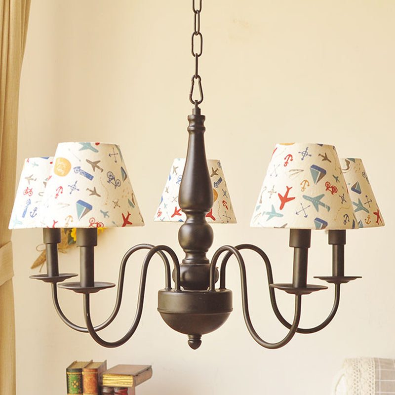 Sleek Kids Chandelier With Conic Printed Fabric Shade - Black Iron 3/5 Lights