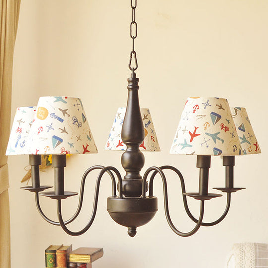 Sleek Kids Chandelier With Conic Printed Fabric Shade - Black Iron 3/5 Lights