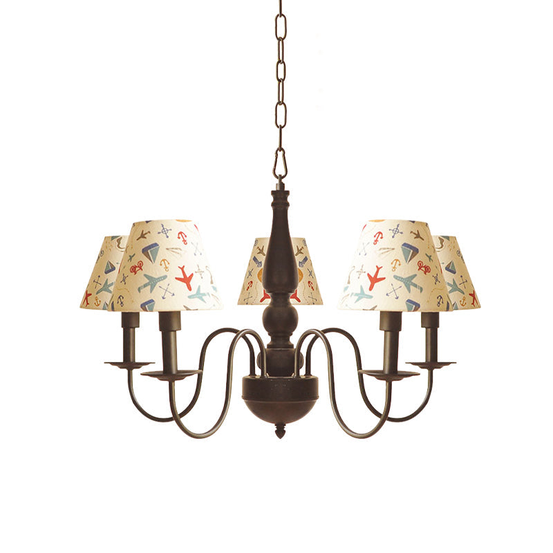 Sleek Kids Chandelier With Conic Printed Fabric Shade - Black Iron 3/5 Lights