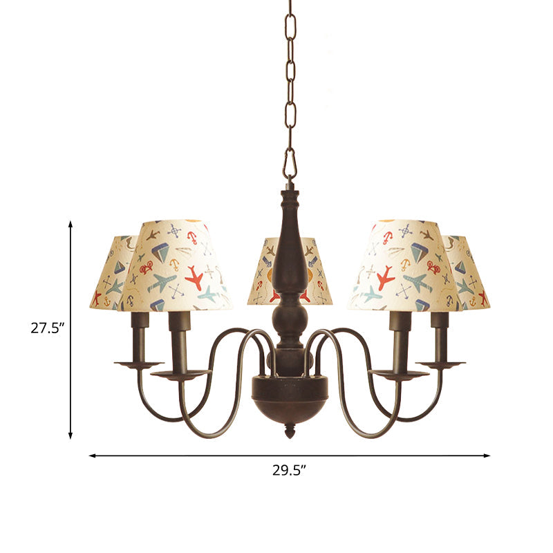 Sleek Kids Chandelier With Conic Printed Fabric Shade - Black Iron 3/5 Lights