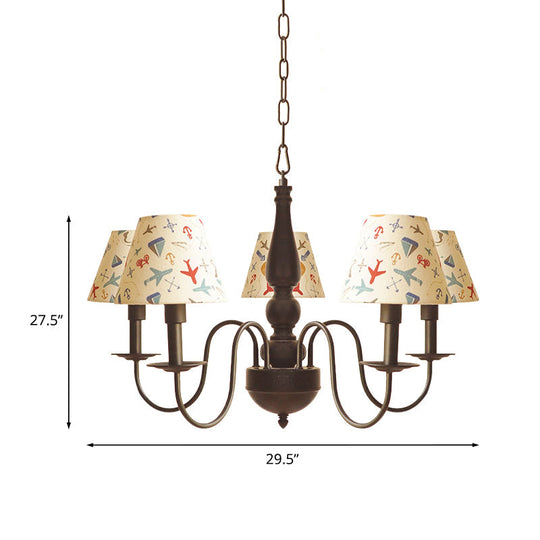 Sleek Kids Chandelier With Conic Printed Fabric Shade - Black Iron 3/5 Lights