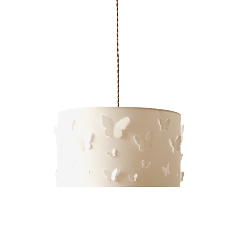 White Butterfly-Embellished Drum Pendant Lamp With Fabric Shade - Minimalist Design