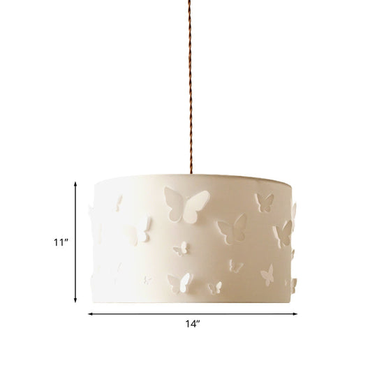 White Butterfly-Embellished Drum Pendant Lamp With Fabric Shade - Minimalist Design