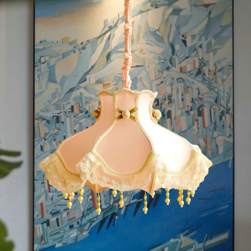 Princess Dress Fabric Hanging Light - Kids White/Pink Ceiling Pendant With Lace Flounce Trim