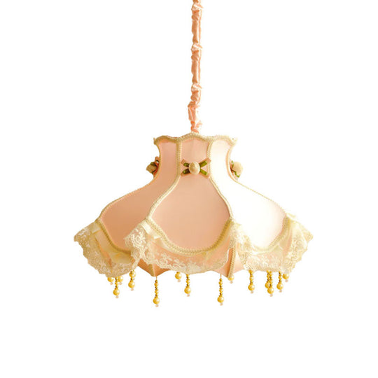 Princess Dress Fabric Hanging Light - Kids White/Pink Ceiling Pendant With Lace Flounce Trim