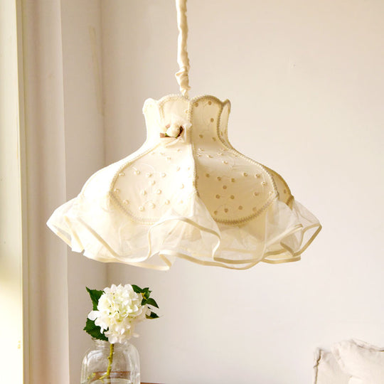 Princess Dress Fabric Hanging Light - Kids White/Pink Ceiling Pendant With Lace Flounce Trim White