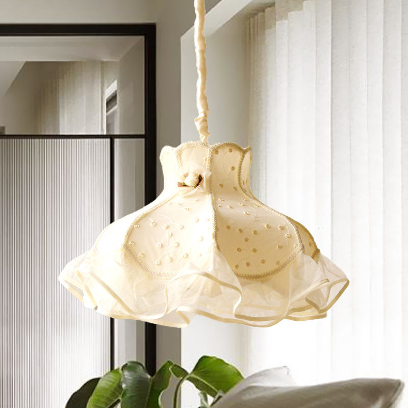 Princess Dress Fabric Hanging Light - Kids White/Pink Ceiling Pendant With Lace Flounce Trim