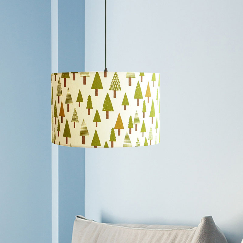 Nordic Print Fabric Drum Pendant Light Fixture - 1-Light White Suspension Lighting With