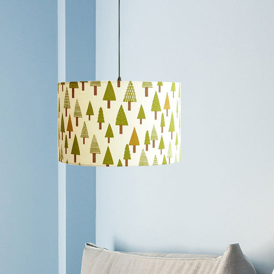 Nordic Print Fabric Drum Pendant Light Fixture - 1-Light White Suspension Lighting With