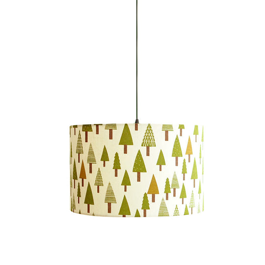 Nordic Print Fabric Drum Pendant Light Fixture - 1-Light White Suspension Lighting With