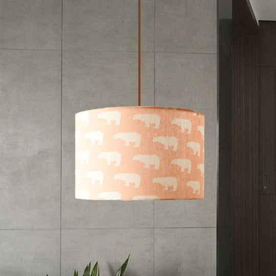 Nordic Print Fabric Drum Pendant Light Fixture - 1-Light White Suspension Lighting With