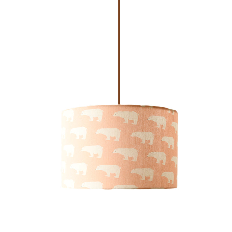 Nordic Print Fabric Drum Pendant Light Fixture - 1-Light White Suspension Lighting With