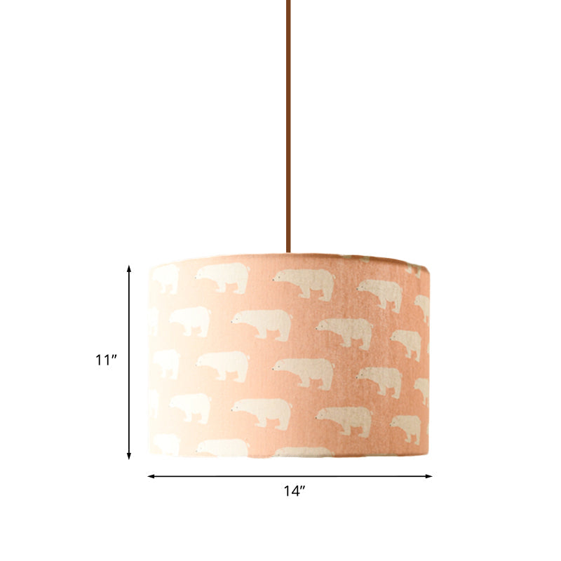 Nordic Print Fabric Drum Pendant Light Fixture - 1-Light White Suspension Lighting With