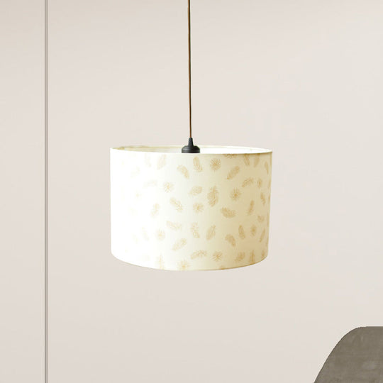 Nordic Print Fabric Drum Pendant Light Fixture - 1-Light White Suspension Lighting With