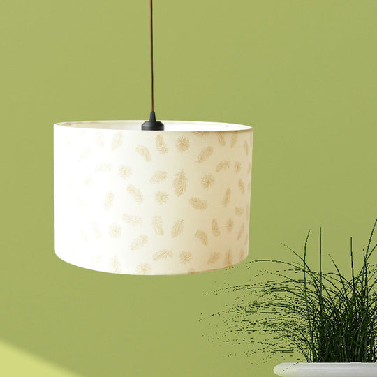 Nordic Print Fabric Drum Pendant Light Fixture - 1-Light White Suspension Lighting With