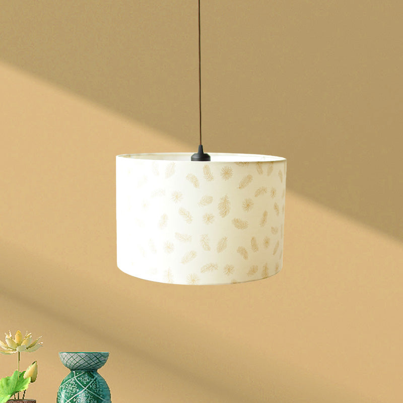 Nordic Print Fabric Drum Pendant Light Fixture - 1-Light White Suspension Lighting With