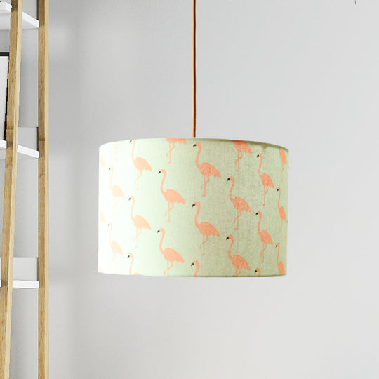 Nordic Print Fabric Drum Pendant Light Fixture - 1-Light White Suspension Lighting With