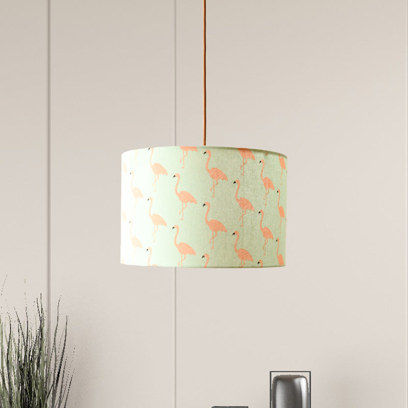 Nordic Print Fabric Drum Pendant Light Fixture - 1-Light White Suspension Lighting With