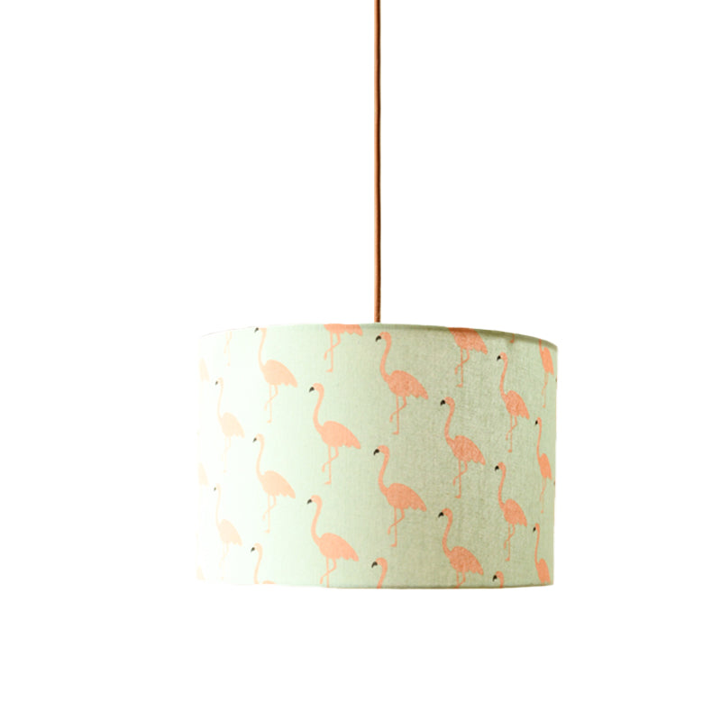 Nordic Print Fabric Drum Pendant Light Fixture - 1-Light White Suspension Lighting With