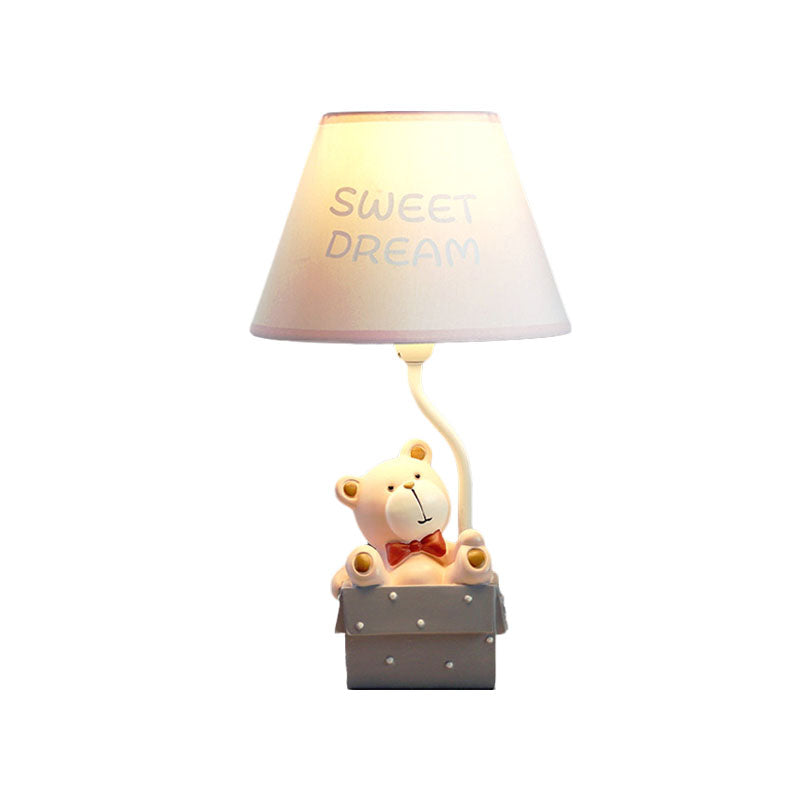 Cartoon Bear Desk Light: Resin Nightstand Lamp With Pink/Blue Cone Fabric Shade