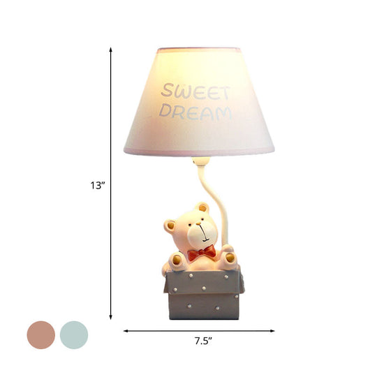 Cartoon Bear Desk Light: Resin Nightstand Lamp With Pink/Blue Cone Fabric Shade