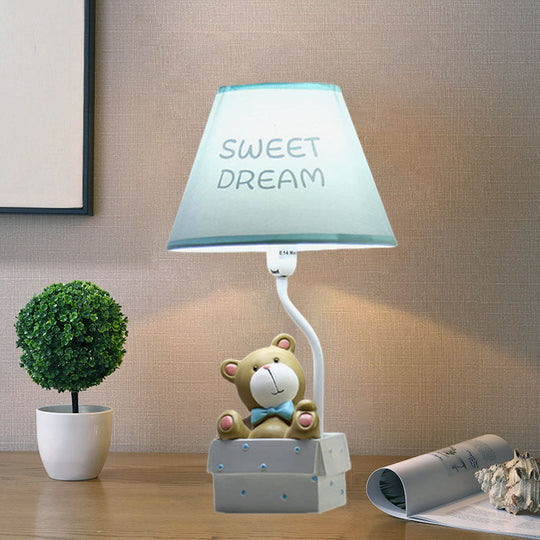 Cartoon Bear Desk Light: Resin Nightstand Lamp With Pink/Blue Cone Fabric Shade Blue