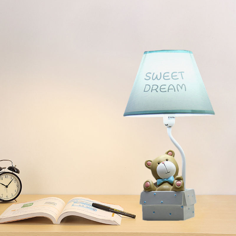 Cartoon Bear Desk Light: Resin Nightstand Lamp With Pink/Blue Cone Fabric Shade