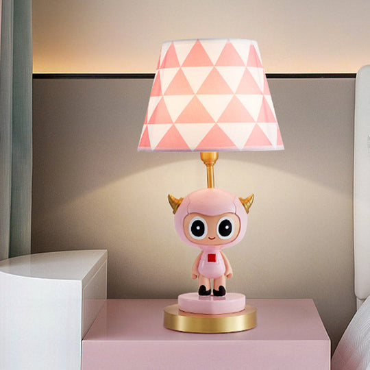 Cartoon Cow Boy Night Lamp With Triangle Print Shade In Pink/Blue - Resin Table Lighting Pink