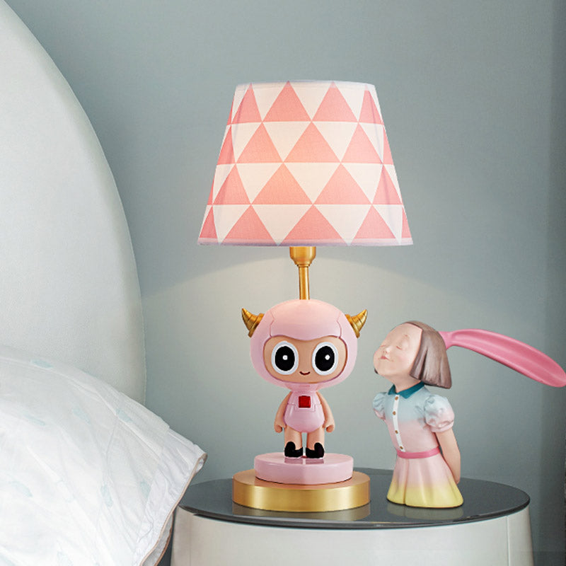 Cartoon Cow Boy Night Lamp With Triangle Print Shade In Pink/Blue - Resin Table Lighting