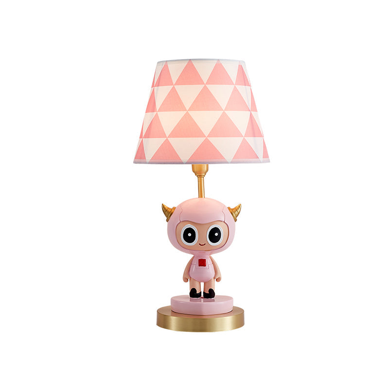 Cartoon Cow Boy Night Lamp With Triangle Print Shade In Pink/Blue - Resin Table Lighting