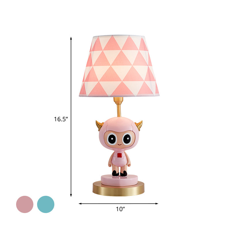 Cartoon Cow Boy Night Lamp With Triangle Print Shade In Pink/Blue - Resin Table Lighting