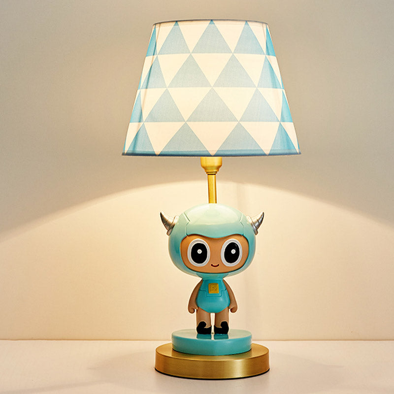 Cartoon Cow Boy Night Lamp With Triangle Print Shade In Pink/Blue - Resin Table Lighting Blue