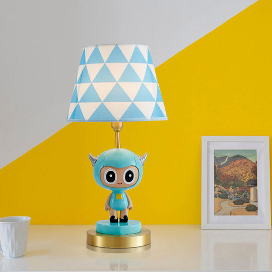 Cartoon Cow Boy Night Lamp With Triangle Print Shade In Pink/Blue - Resin Table Lighting