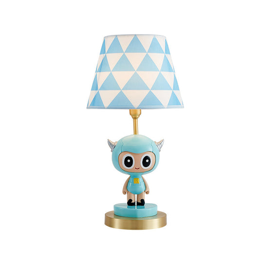 Cartoon Cow Boy Night Lamp With Triangle Print Shade In Pink/Blue - Resin Table Lighting