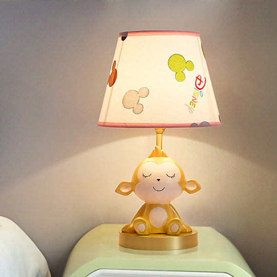 White Cone Nightstand Table Lamp With Cartoon Print Gold Monkey Base